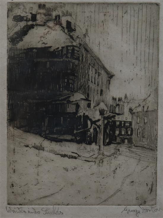 George Horton, etching, Winter in No Shields, 21 x 16cm